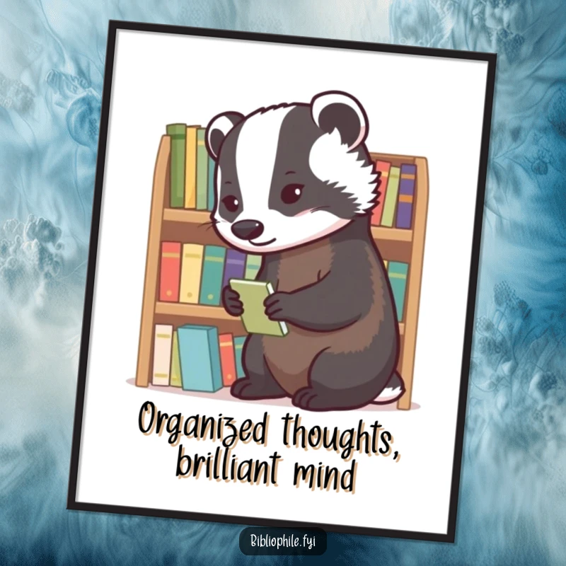 Funny Free Printable Wall Art: A diligent badger meticulously arranges tiny novels on a shelf, a study in organization.