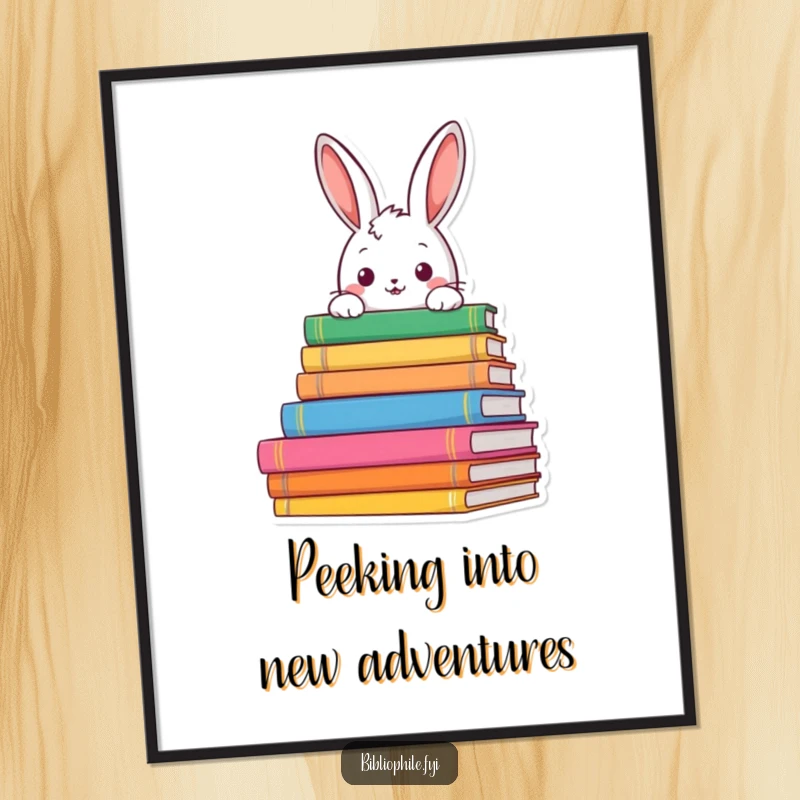 Funny Free Printable Wall Art: Curious Rabbit Peeking Over Colorful Book Stacks, Whimsical Reading Nook Decor