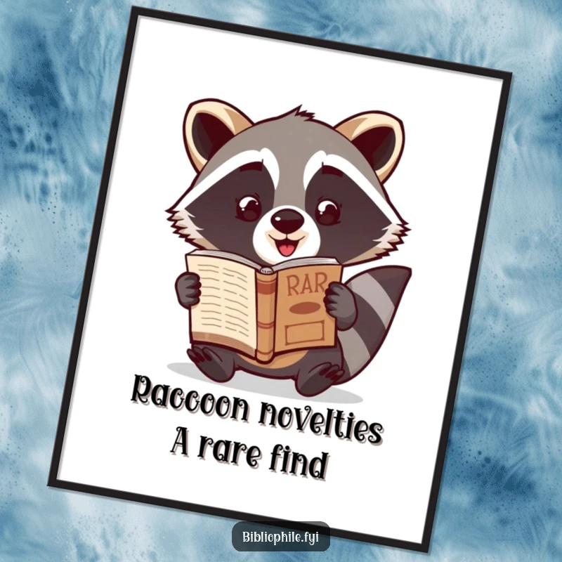 Funny Free Printable Wall Art: An excited raccoon proudly showcasing a treasured rare book discovery.
