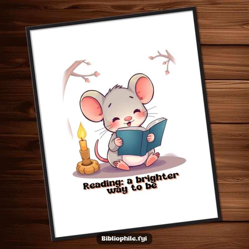 Cozy Free Printable Wall Art: A happy mouse reading a book by candlelight, creating a warm and inviting downloadable art.