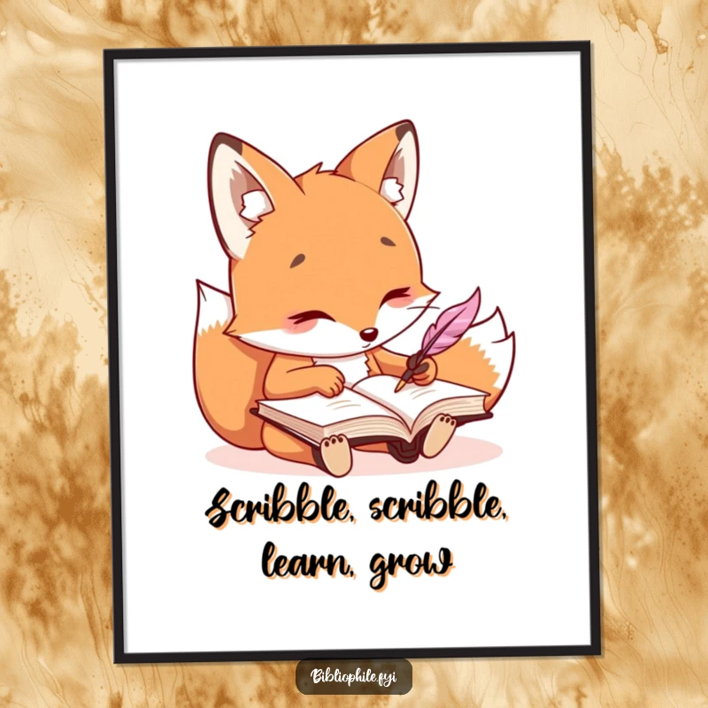 Funny Free Printable Wall Art featuring a kawaii fox with a quill, engrossed in journaling, adding a quirky vibe to your downloadable decor.