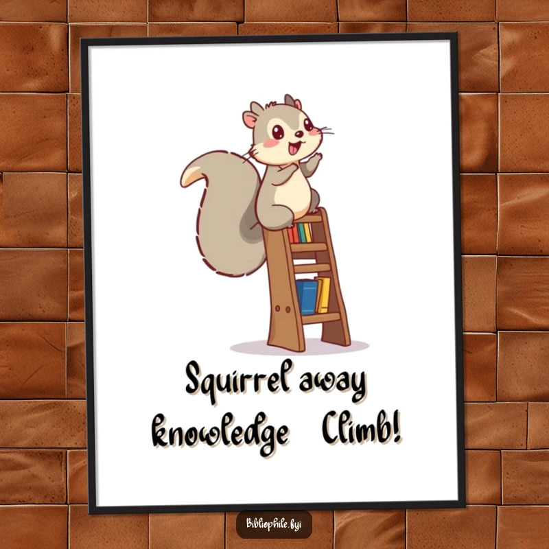 Funny Free Printable Wall Art: An energetic squirrel dynamically climbing a bookshelf ladder, symbolizing knowledge and adventure.