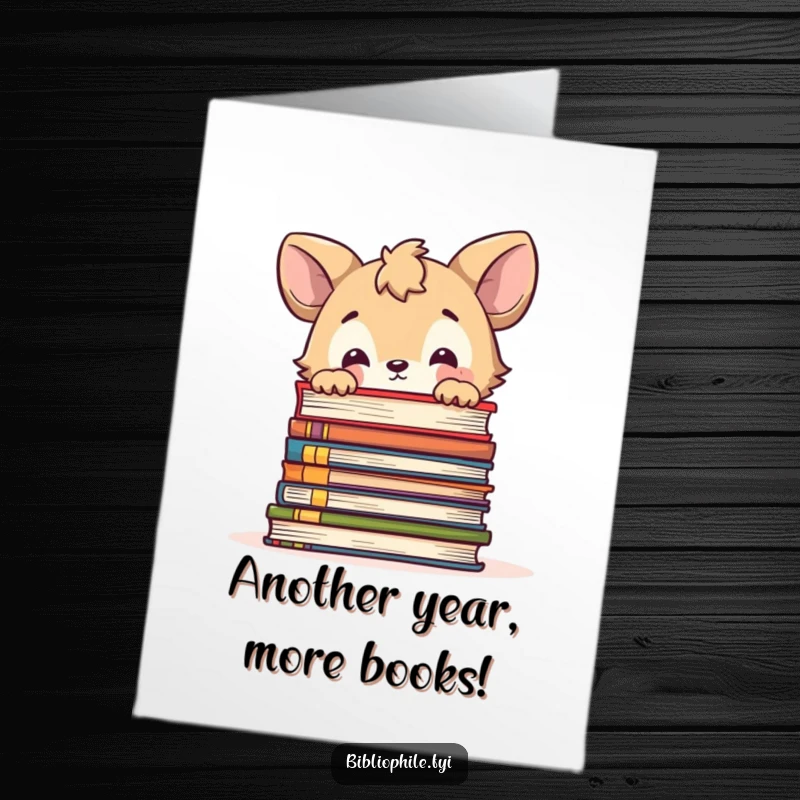 Funny Free Printable Birthday Card: A cute animal curiously peeks over a tall stack of books, wishing a happy birthday.