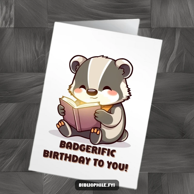 Funny Free Printable Birthday Card: A cheerful badger is engrossed in a glowing book, a magical and humorous birthday wish.