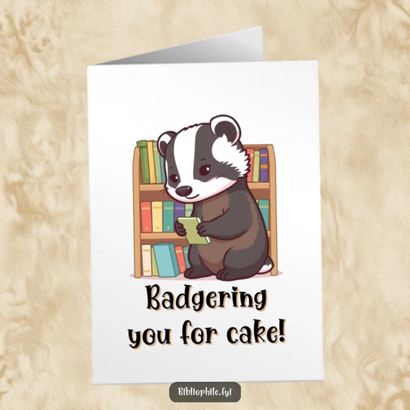Funny Free Printable Birthday Card: Diligent badger meticulously organizes a shelf filled with tiny novels with care.