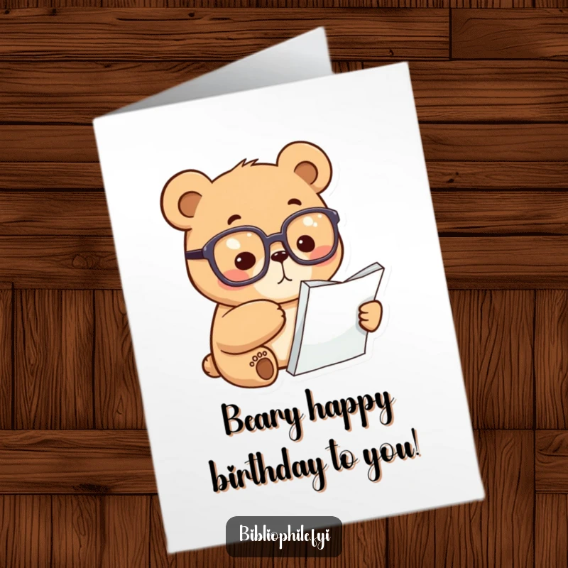 Funny Free Printable Birthday Card: A focused bear wearing reading glasses, pointing at a page for a birthday wish.