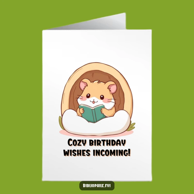 Cozy Free Printable Birthday Card: Hamster in Reading Nook, a Snuggly Downloadable Gift