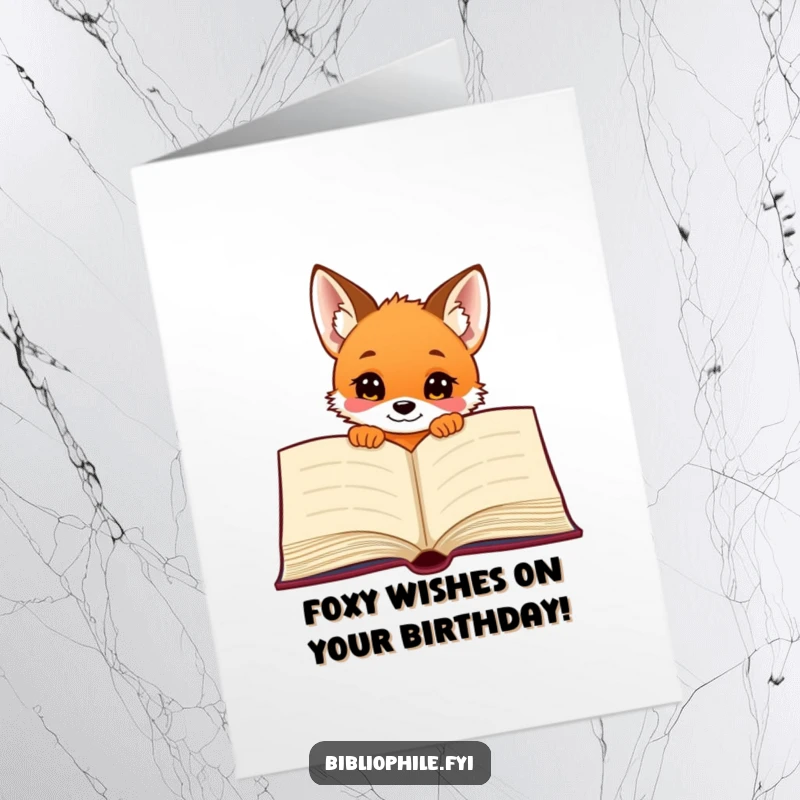 Funny Free Printable Birthday Card: A curious fox puppy peeks mischievously from behind a giant open book, a playful card.
