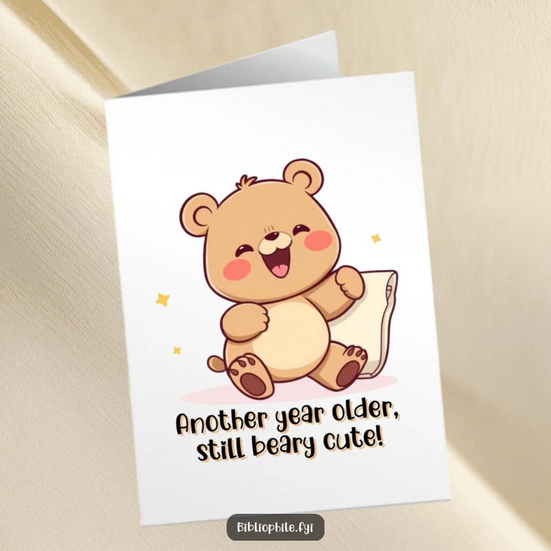 Funny Free Printable Birthday Card: A happy bear joyfully turning a giant page, celebrating any occasion with cheer.