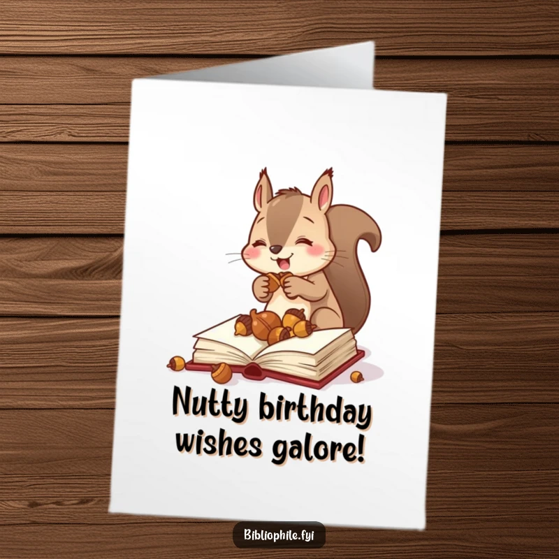 Funny Free Printable Birthday Card: Energetic Squirrel Stuffing Acorns into a Hollow Book, Birthday Festivities