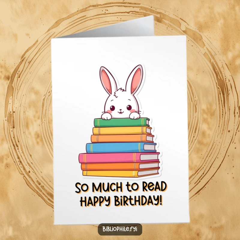 Funny Free Printable Birthday Card: Curious Rabbit Peeking Over Colorful Book Stacks, Birthday Surprise