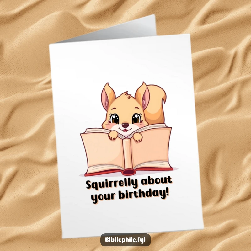 Funny Free Printable Birthday Card: Curious squirrel with bright eyes peeks from behind a giant open book.