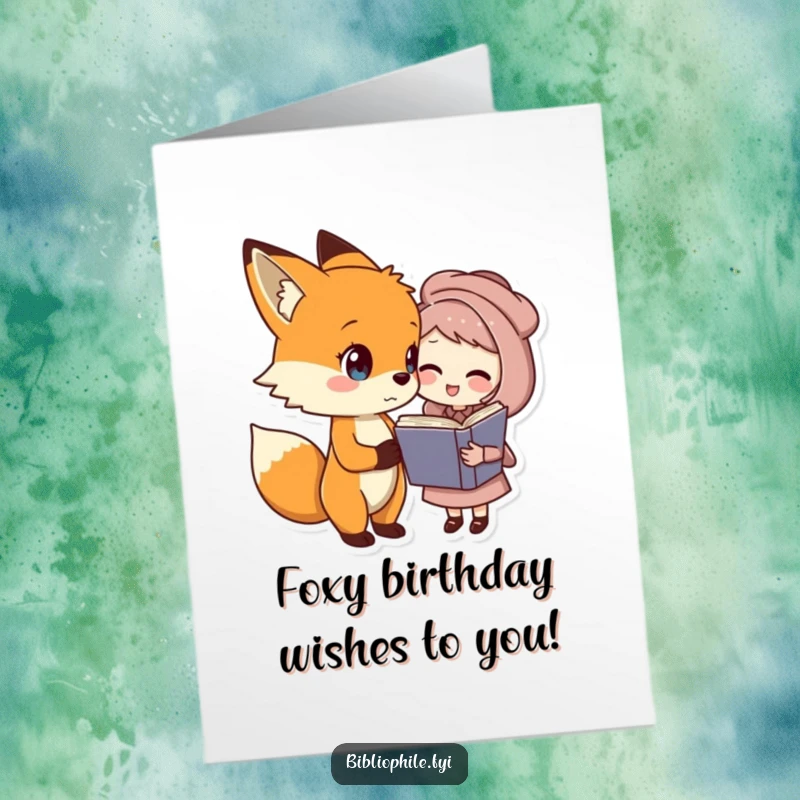 Funny free printable birthday card: Sweet fox character tells a joke to a classic book character, both looking amused.
