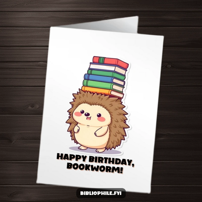 Funny free printable birthday card: Round hedgehog character balances a tall tower of books on its head, looking focused.