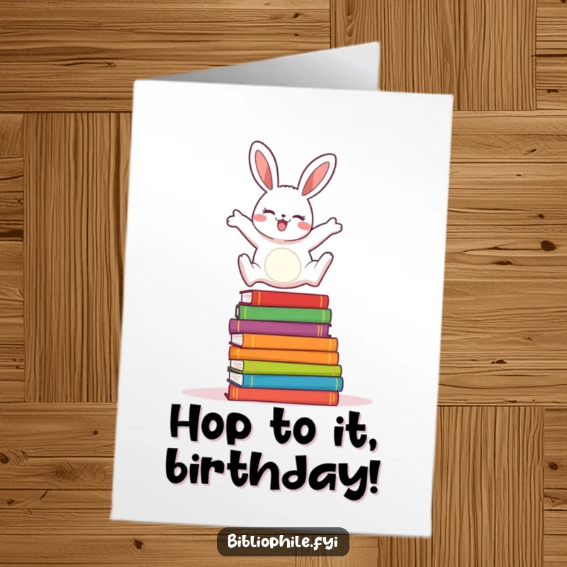 Funny Free Printable Birthday Card: Cheerful rabbit joyfully leaps high over a stack of colorful storybooks.