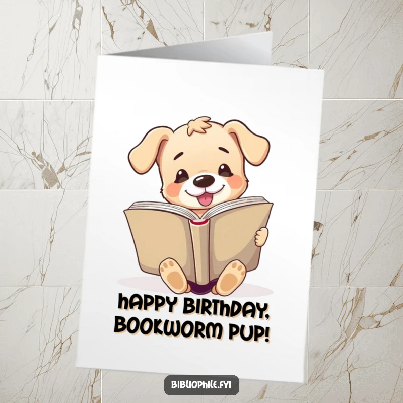 Funny Free Printable Birthday Card: A cute puppy with big eyes dives into a giant, open book, pure reading joy.