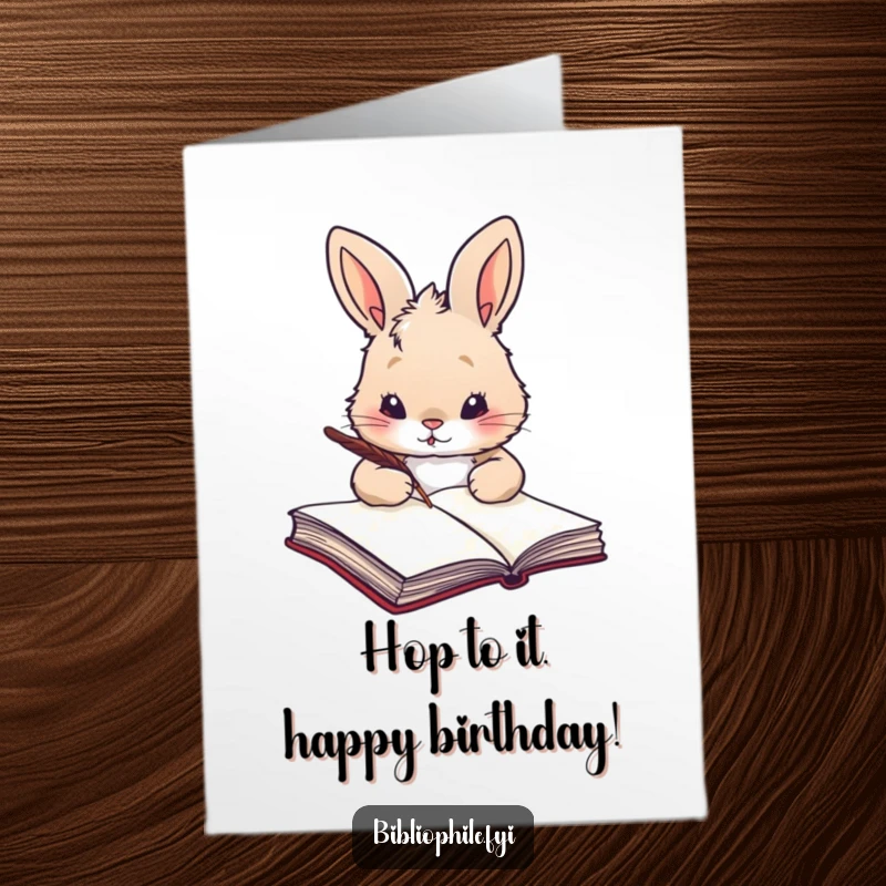 Funny Free Printable Birthday Card: A fluffy rabbit holds a quill, poised to write in a large tome, a whimsical greeting.