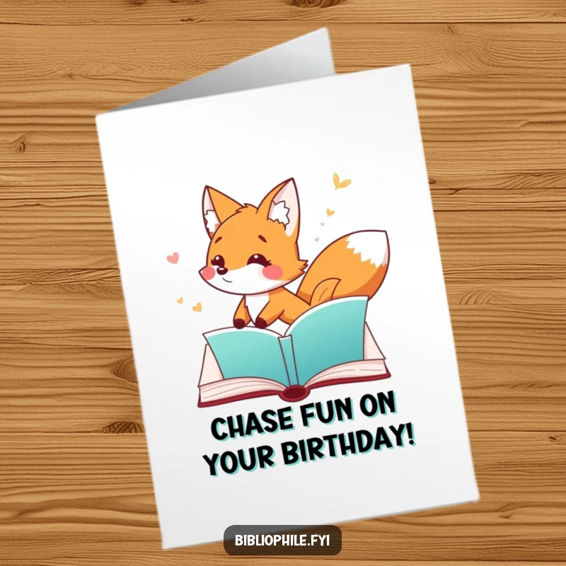 Funny Free Printable Birthday Card: A playful fox chasing a bookmark through a book page, full of birthday excitement. Downloadable art.