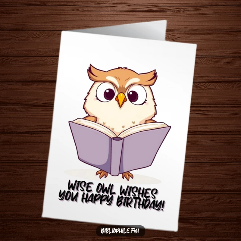 Funny Free Printable Birthday Card featuring a cute owl enthusiastically reading and turning pages of a giant book.