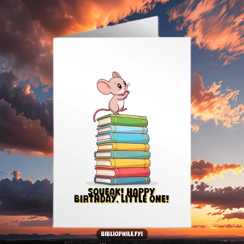 Funny Free Printable Birthday Card: Determined mouse climbing books, aiming for a higher shelf for their birthday.