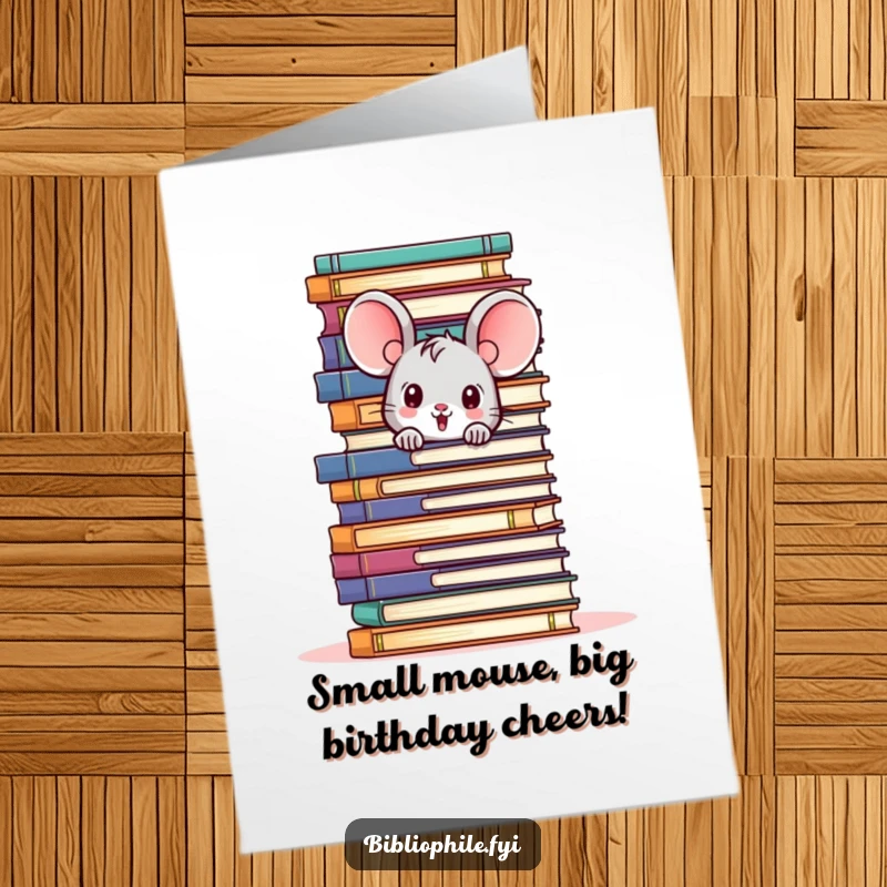 Funny Free Printable Birthday Card featuring a cute mouse peeking out from behind a massive pile of books, wishing happy birthday.