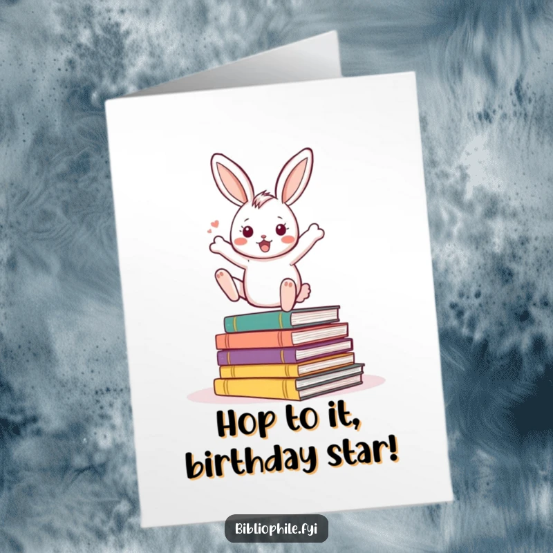 Funny Free Printable Birthday Card: An energetic rabbit bouncing on storybooks, celebrating a birthday with excitement. Downloadable art.