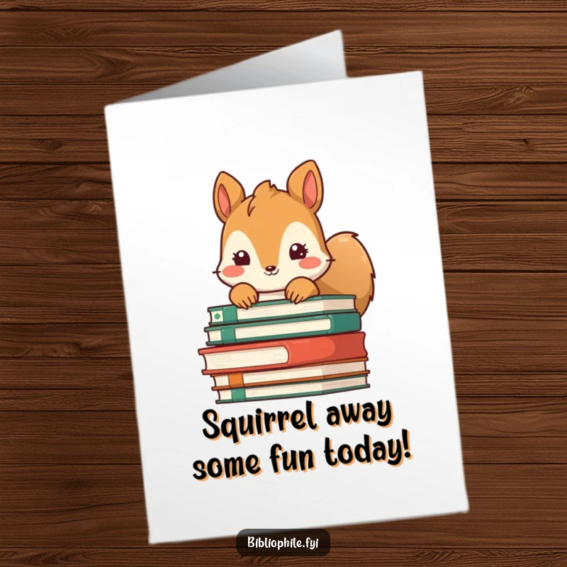 Funny Free Printable Birthday Card: A cute squirrel peeking from behind a large stack of books, wishing a happy birthday.