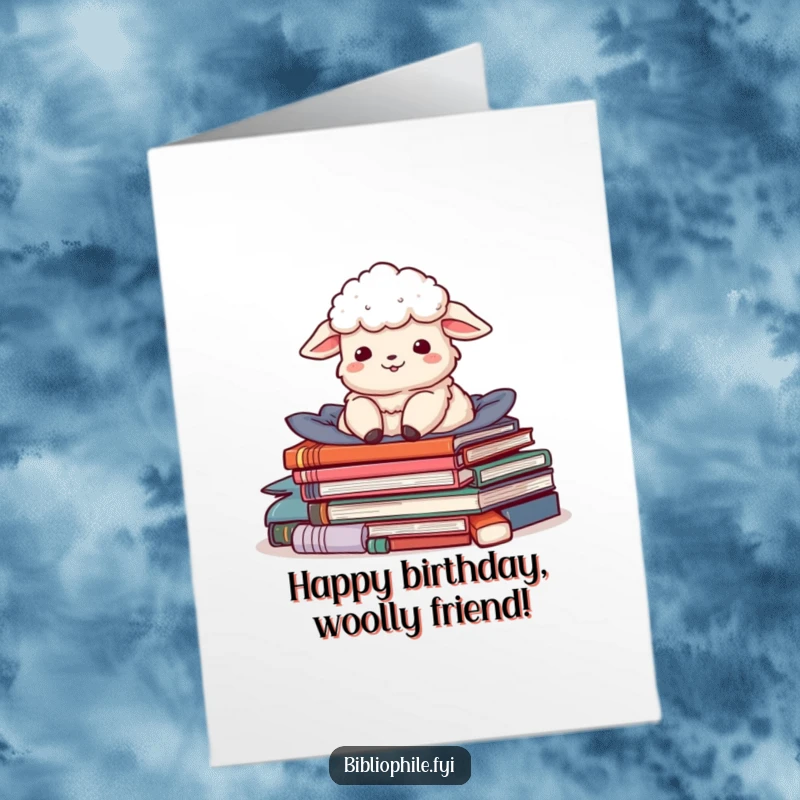 Funny Free Printable Birthday Card: A delighted sheep happily nestled in a pile of colorful stories, sending birthday cheer.