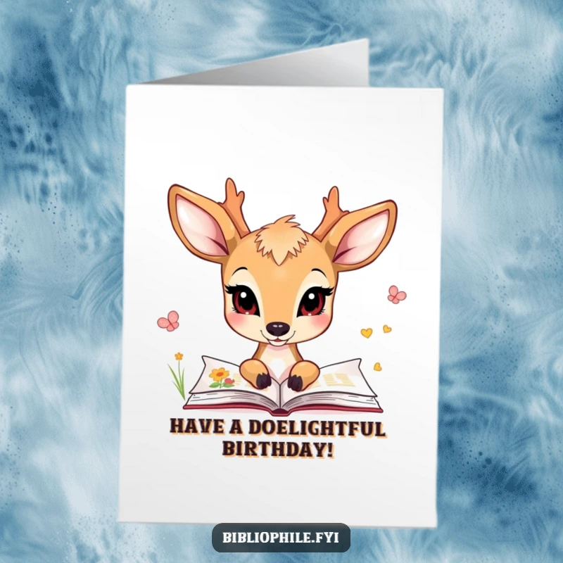 Free Printable Birthday Card: A charming deer gazes at illustrated pages, lost in a story, a whimsical DIY greeting.