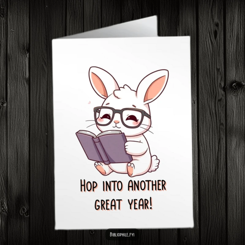 Funny Free Printable Birthday Card: A cute rabbit with reading glasses, deeply engrossed in a captivating story, happy birthday.