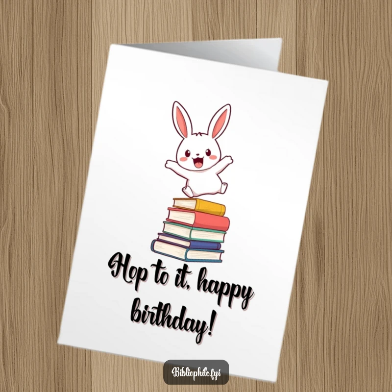 Funny Free Printable Birthday Card featuring a cute rabbit joyfully leaping over a tall stack of novels, full of excitement.