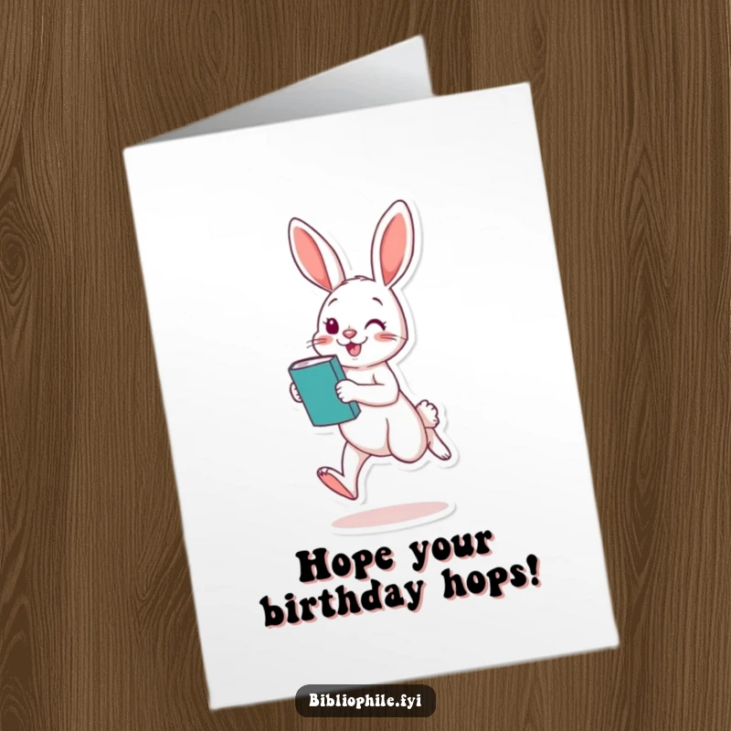 Funny Free Printable Birthday Card: A playful rabbit hopping with a book, excited for a birthday celebration.