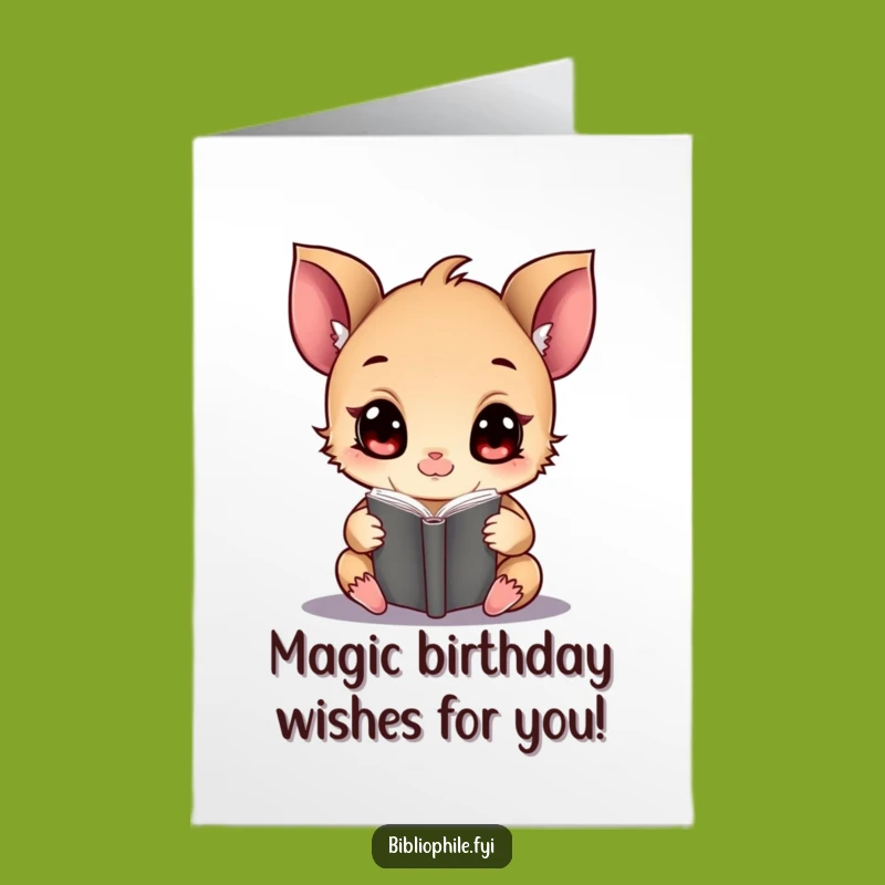 Magical Free Printable Birthday Card: Enchanted Creature Reads Tome, a Whimsical Downloadable Gift