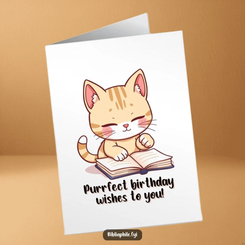 Funny Free Printable Birthday Card featuring a cute cat diligently marking a book page with its playful paw, celebrating a birthday.