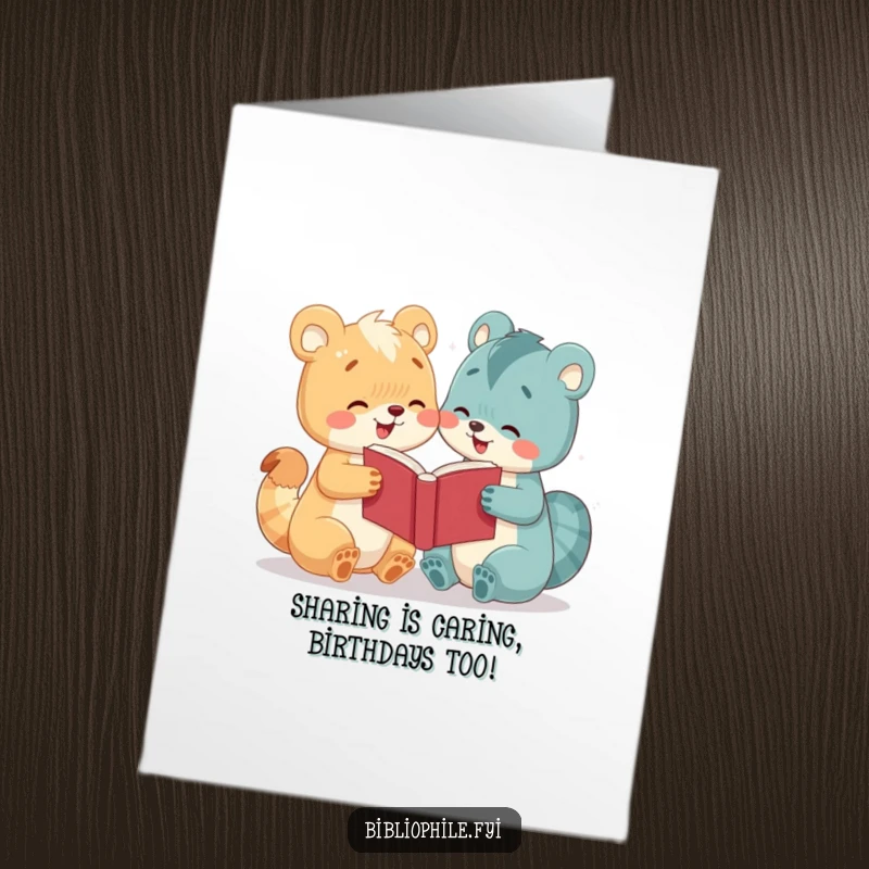 Funny Free Printable Birthday Card: Adorable animal friend happily shares an open book with another creature, spreading smiles.