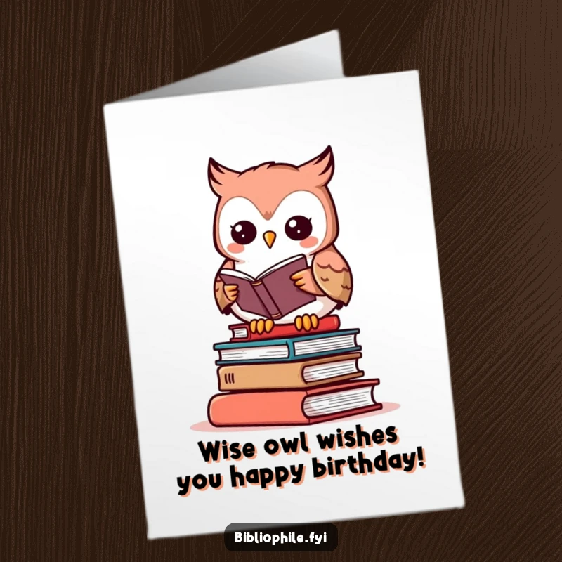 Funny Free Printable Birthday Card: An adorable owl on books reading, wishing a happy birthday with wisdom.