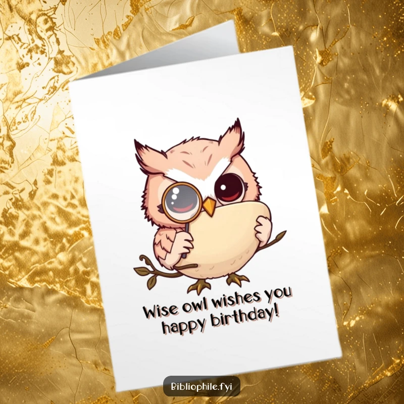 Funny free printable birthday card: Tiny owl with monocle reads a huge book, looking very studious and wise.