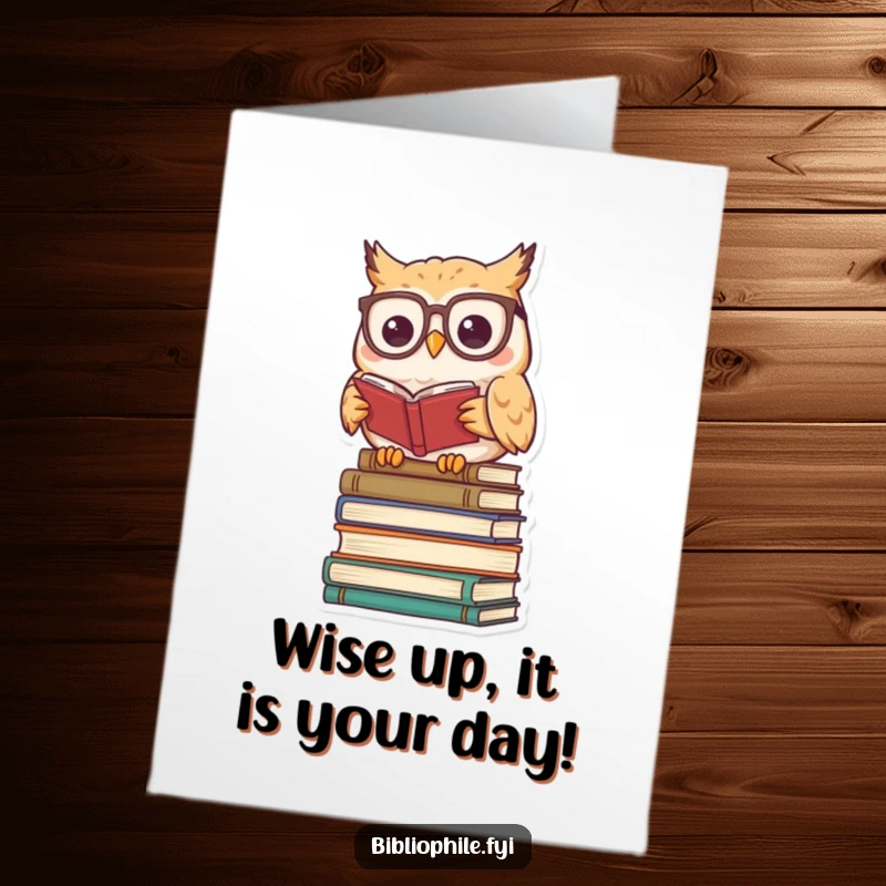 Funny Free Printable Birthday Card with a kawaii owl in reading glasses perched on books, ready to share a wise and downloadable birthday wish.