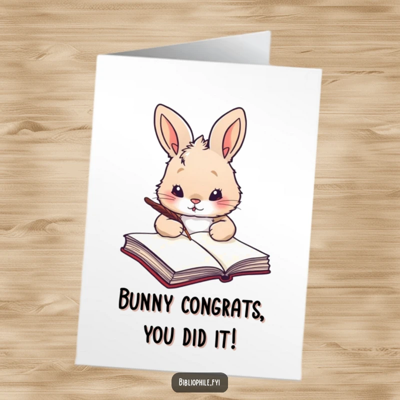 Funny Free Printable Congratulations Card: A rabbit with a quill prepares to write, celebrating success with literary flair.