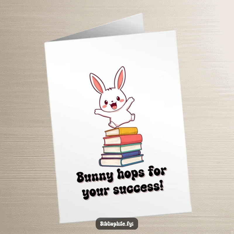 Funny Free Printable Congratulations Card with a cute rabbit leaping over books, symbolizing reaching new heights.