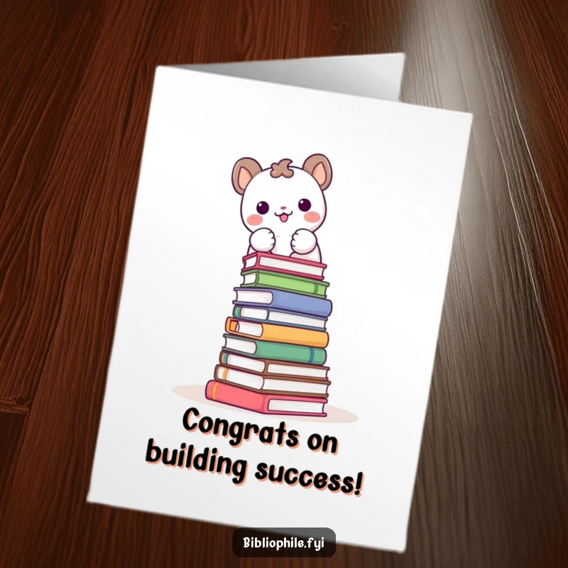 Funny Free Printable Congratulations Card: An adorable animal builds a tall tower of books, symbolizing progress and success.