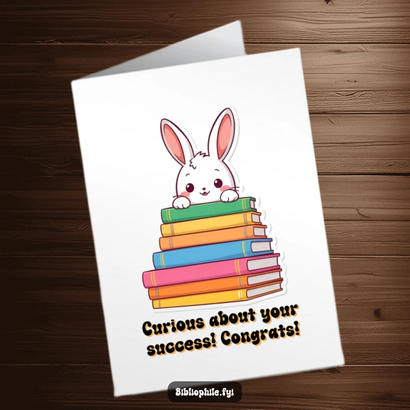Funny Free Printable Congratulations Card: Inquisitive Rabbit Peeking from Behind Book Piles, Celebrating Achievements