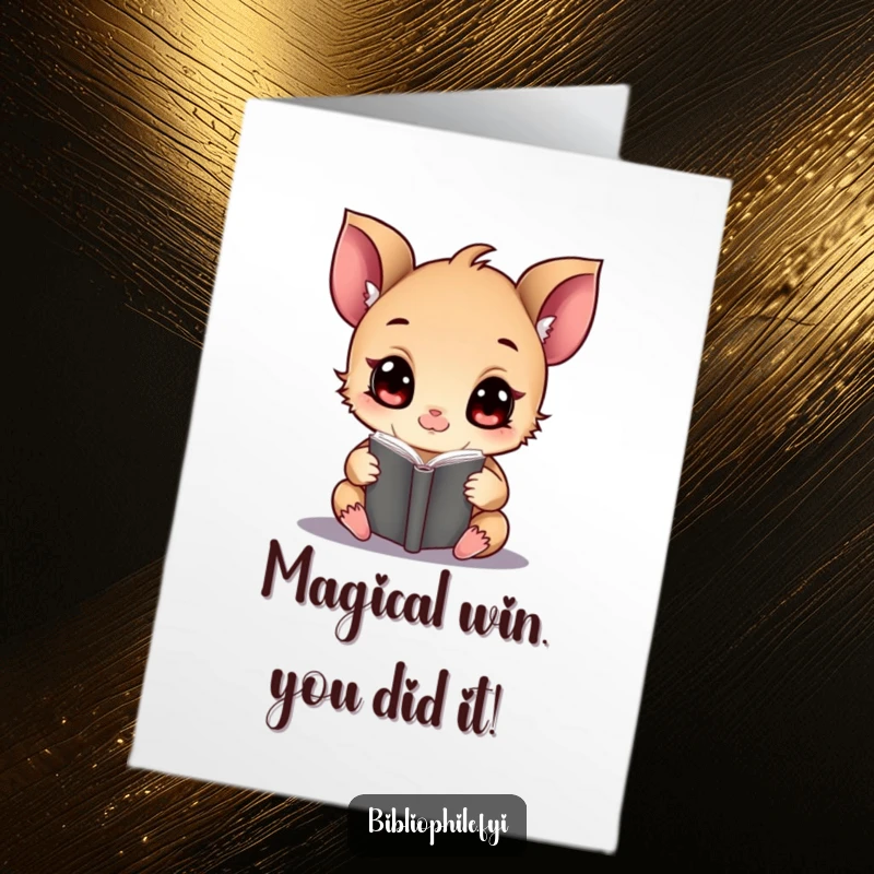 Funny Free Printable Congratulations Card: A small creature with wide eyes engrossed in a mystical tome, celebrating a discovery.