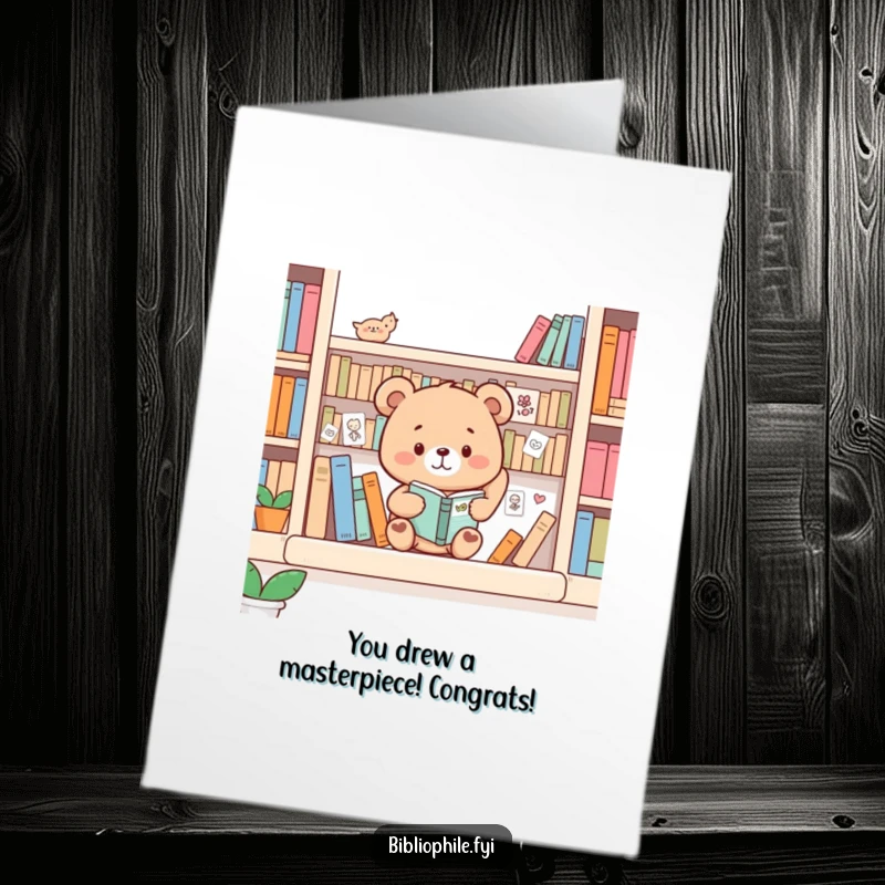 Funny Free Printable Congratulations Card: A happy bear decorating a bookshelf with tiny drawings, celebrating an achievement.