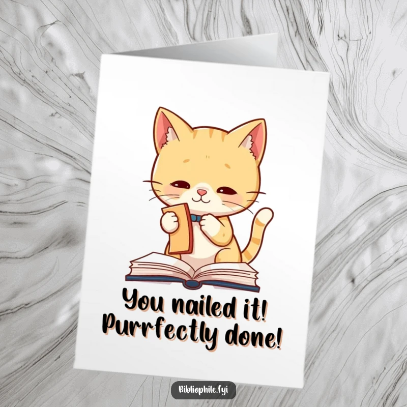 Free Printable Congratulations Card: Cute cat playfully batting a bookmark from a book, a joyous congrats.