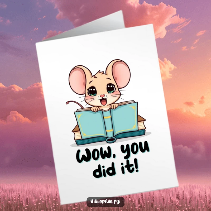 Funny Free Printable Congratulations Card: A surprised mouse emerges from an open book, celebrating success with a delightful pop.