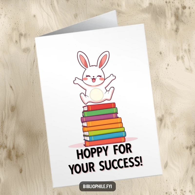 Funny Free Printable Congratulations Card: A cheerful rabbit leaps joyfully over a tall stack of colorful books.