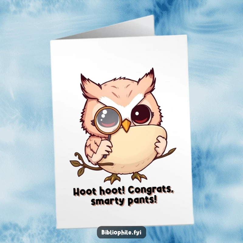Funny free printable congratulations card: Tiny owl wearing a monocle studies a large tome, conveying scholarly congratulations.