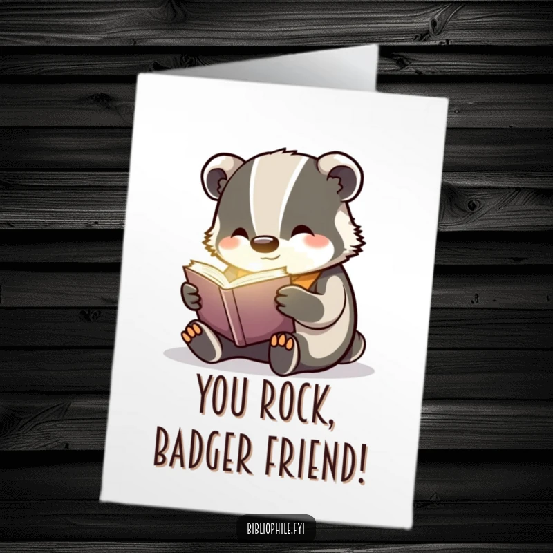 Funny Free Printable Congratulations Card: A cheerful badger reads a faintly glowing book, celebrating success with magical charm.