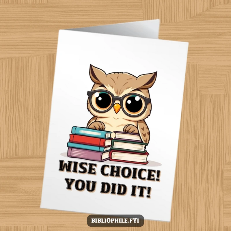 Funny Free Printable Congratulations Card: Wise owl in spectacles reads, conveying congratulations with scholarly wit.